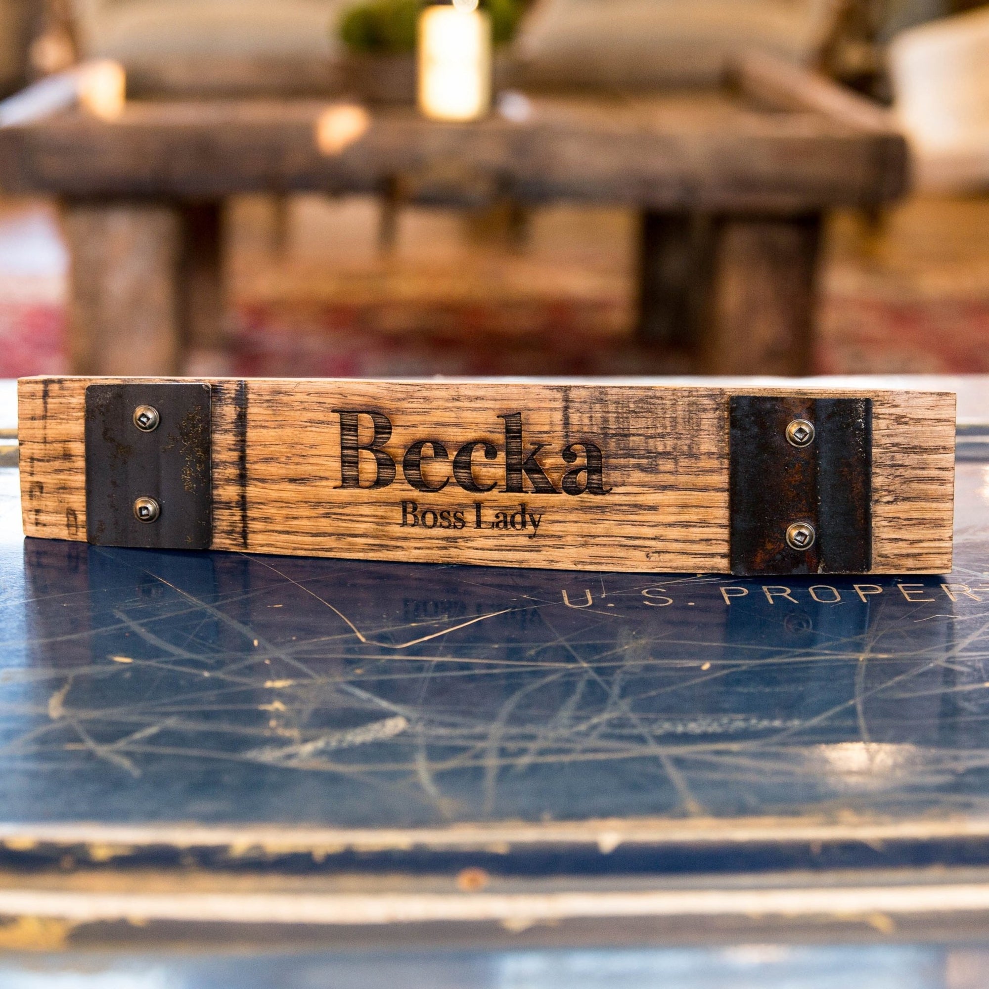 Personalized Whiskey Barrel Executive Desk Name Plate Sign With Title - Holtz Leather