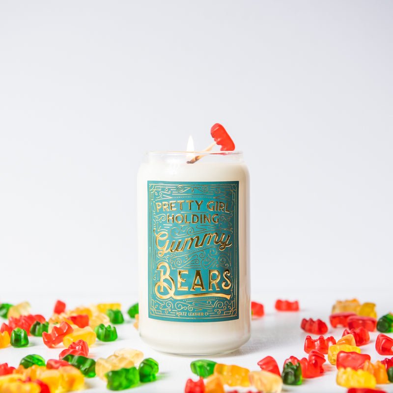 Pretty Girl Holding Gummy Bears Candle - Holtz Leather