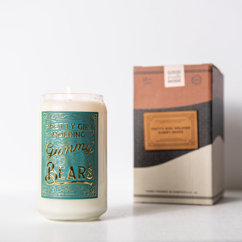 Pretty Girl Holding Gummy Bears Candle - Holtz Leather