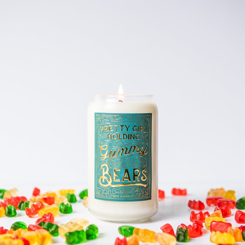 Pretty Girl Holding Gummy Bears Candle - Holtz Leather