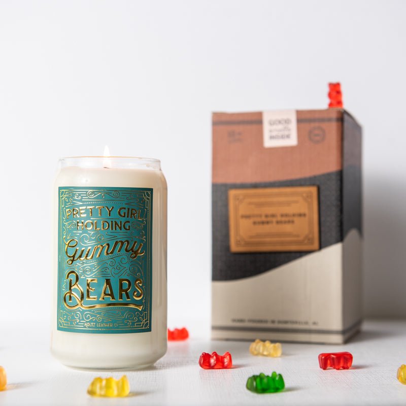 Pretty Girl Holding Gummy Bears Candle - Holtz Leather