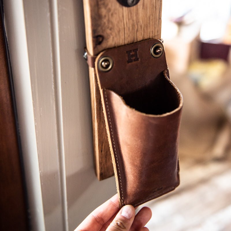 The Cooter Brown Personalized Whiskey Barrel Bottle Opener with detachable leather cap catch pouch - Holtz Leather