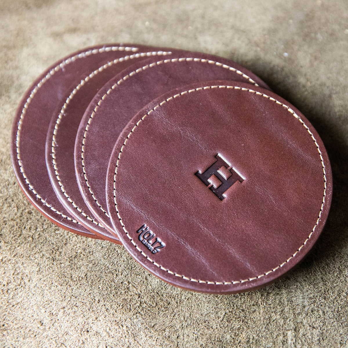 The Farm House Circle Personalized Fine Leather Coaster Set of 4 Coasters - Holtz Leather