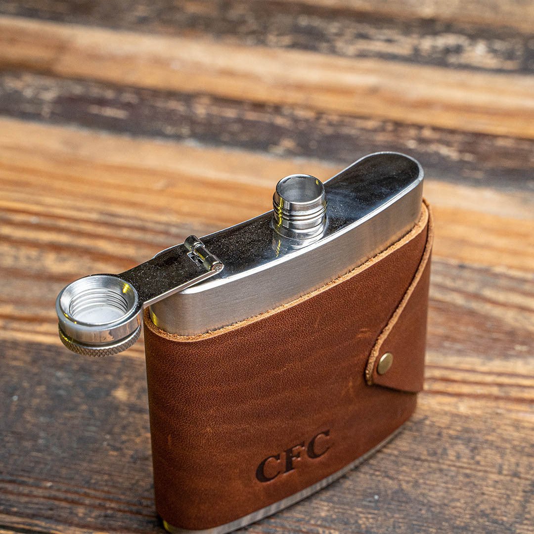 The Hatch Fine Leather Flask Wrap with Stainless Steel Flask - Holtz Leather