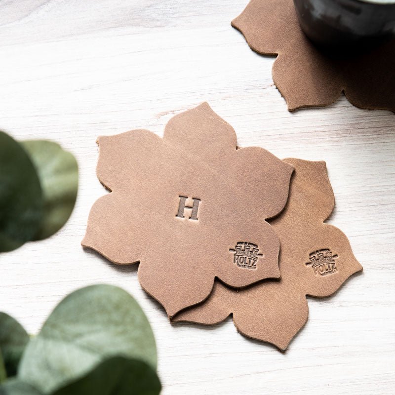 The Magnolia Flower Personalized Fine Leather Coaster Set of 4 Coasters - Holtz Leather