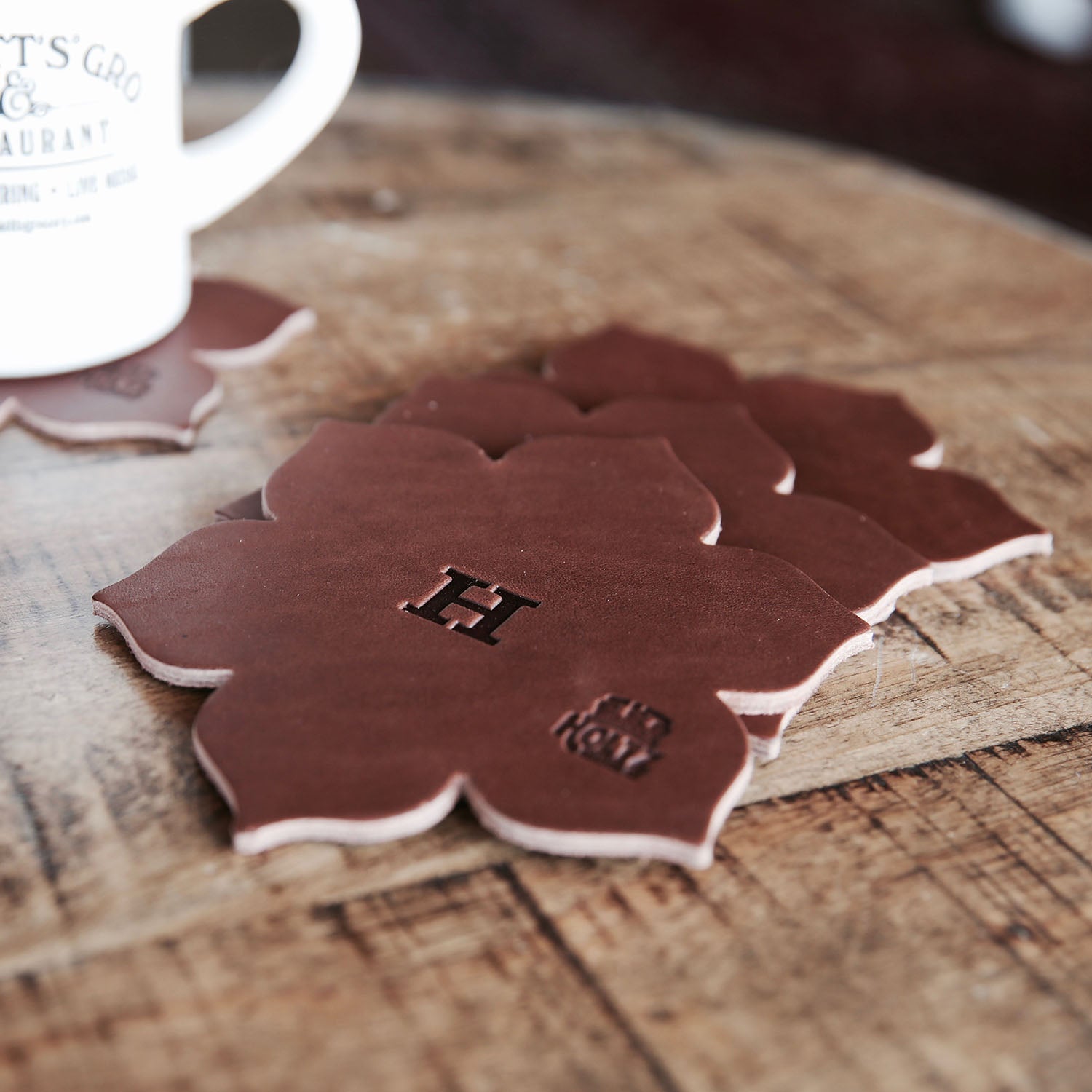 The Magnolia Flower Personalized Fine Leather Coaster Set of 4 Coasters - Holtz Leather