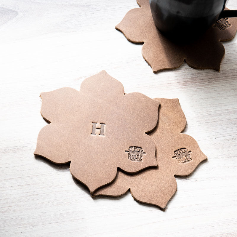 The Magnolia Flower Personalized Fine Leather Coaster Set of 4 Coasters - Holtz Leather