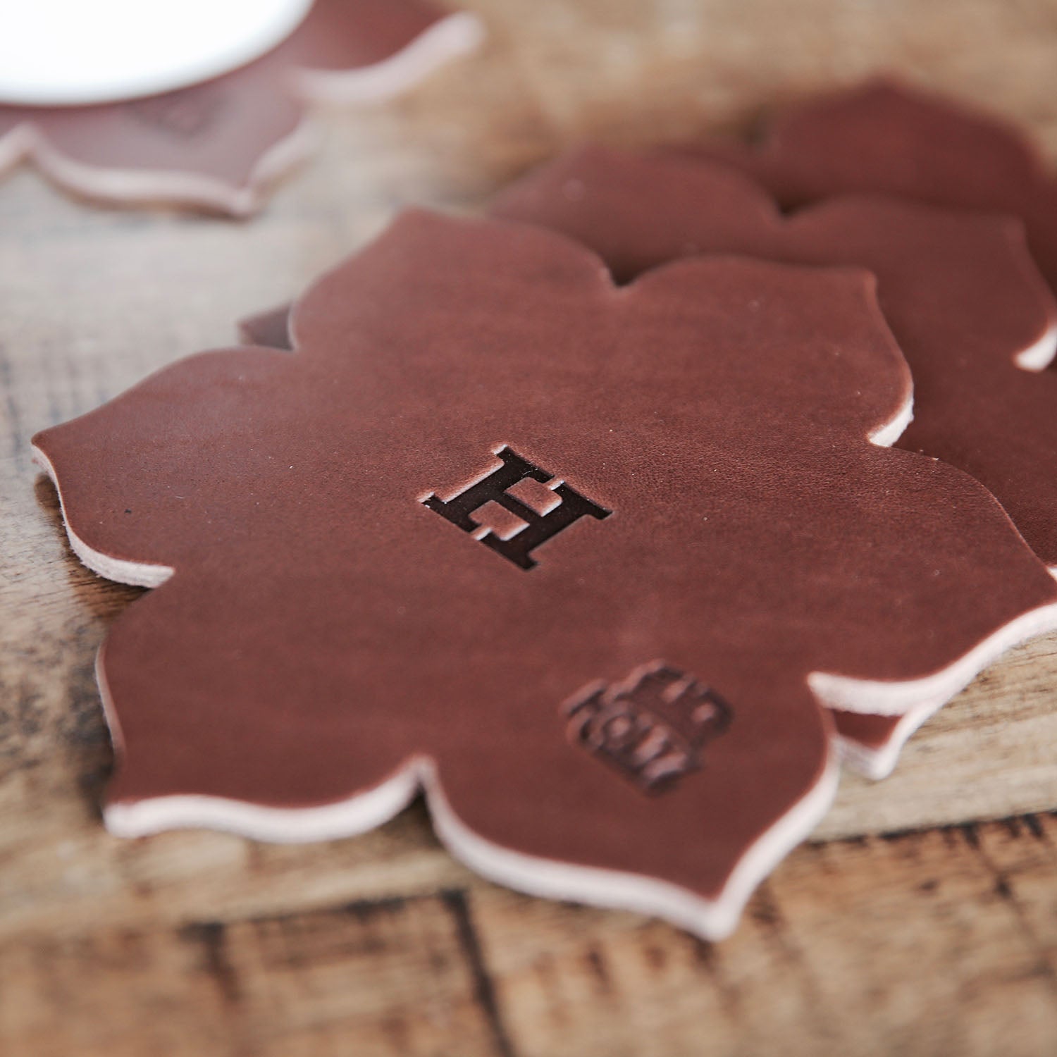 The Magnolia Flower Personalized Fine Leather Coaster Set of 4 Coasters - Holtz Leather