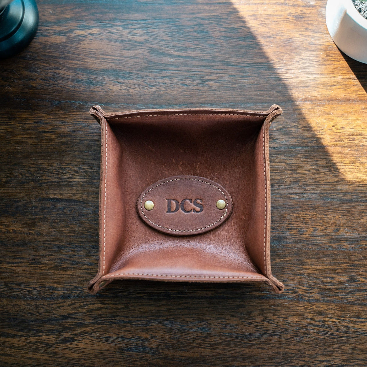 The Monticello Fine Leather Personalized Desk Valet Caddy Tray for Dresser or Office Gift - Holtz Leather