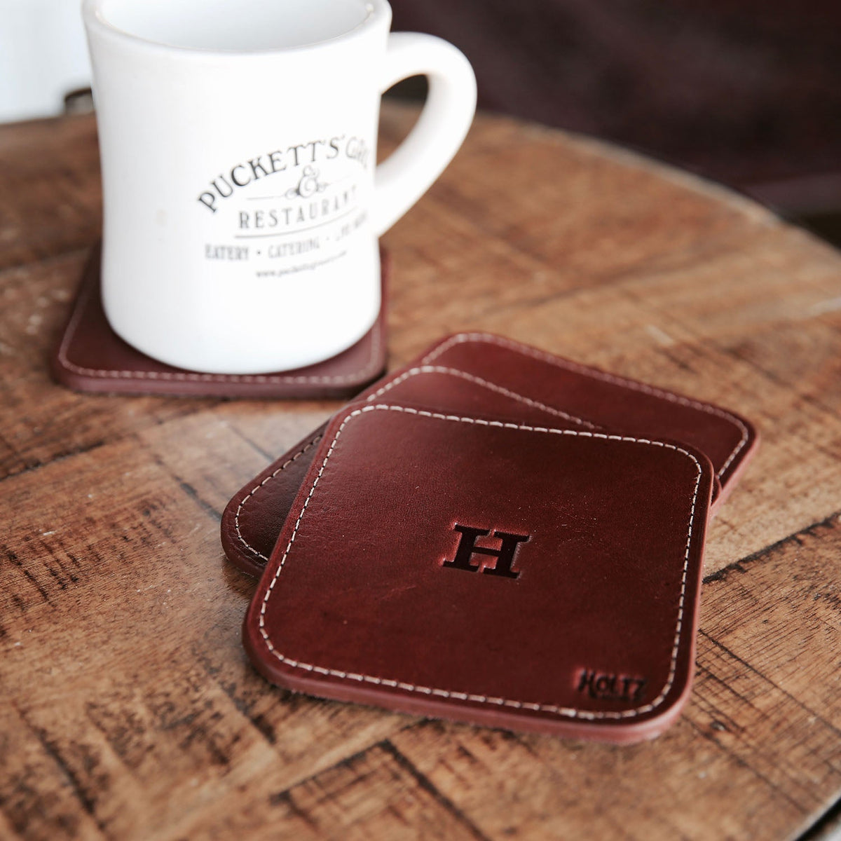 The Ranch House Personalized Fine Leather Coaster Set of 4 Coasters - Holtz Leather