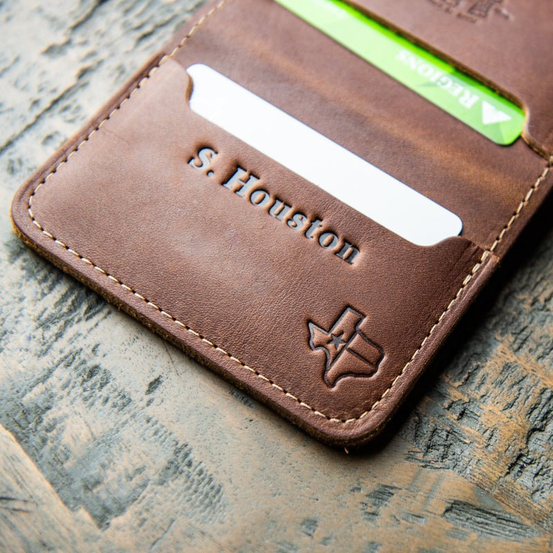 The Texas Gates Personalized Fine Leather Bifold Money Clip Wallet with Texas Logo - Holtz Leather