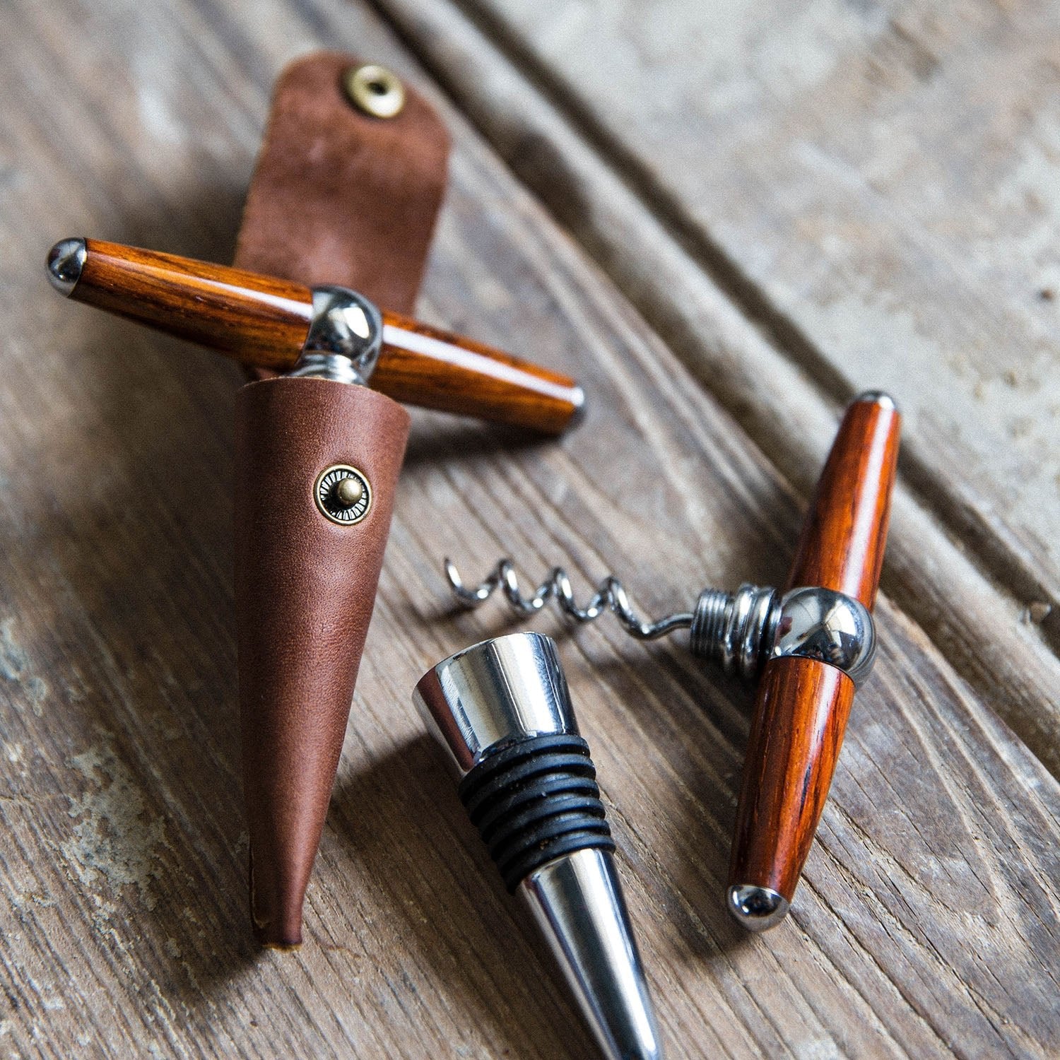 The Vino Personalized Hand Turned Wine Bottle Stopper Corkscrew & Leather Sleeve - Holtz Leather