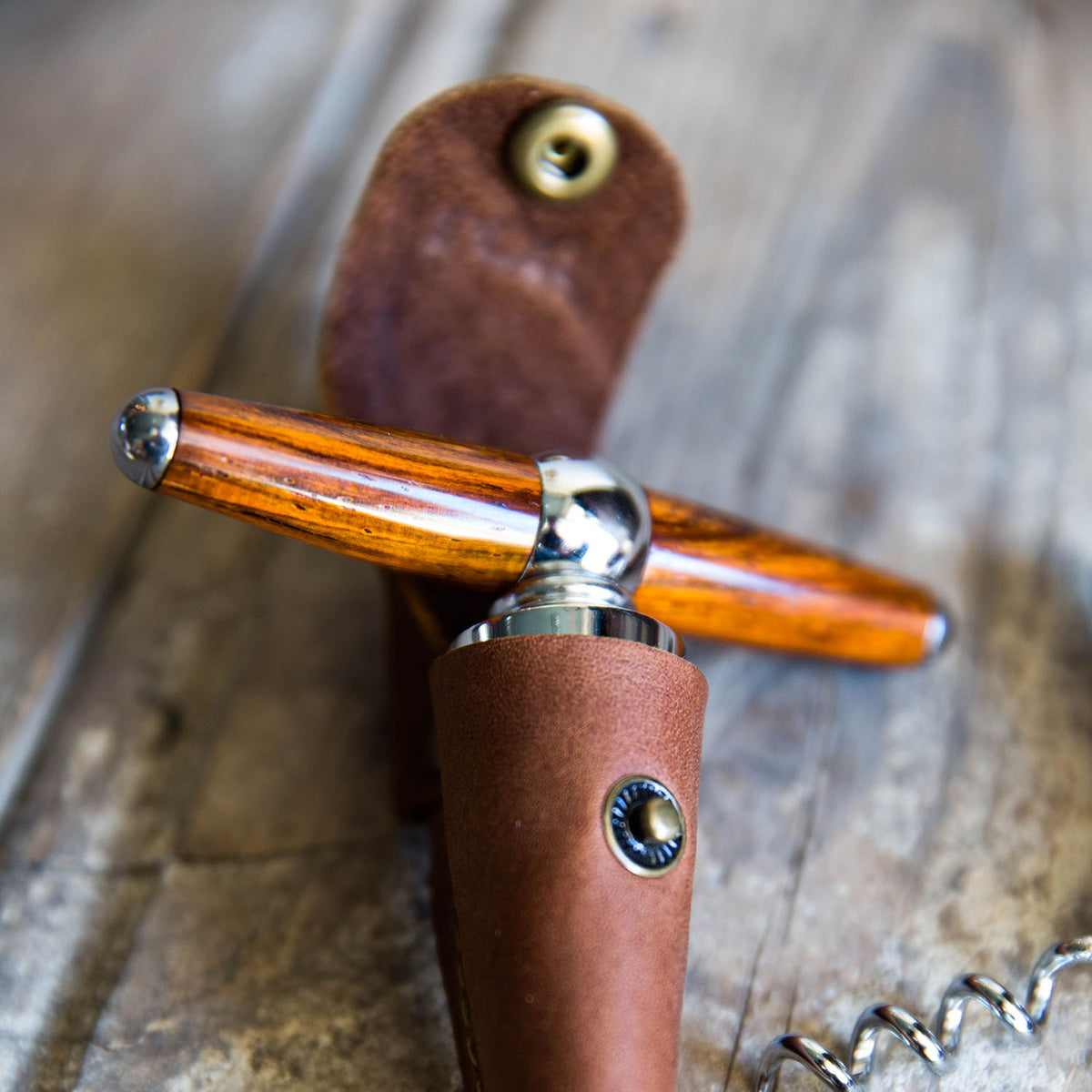 The Vino Personalized Hand Turned Wine Bottle Stopper Corkscrew &amp; Leather Sleeve