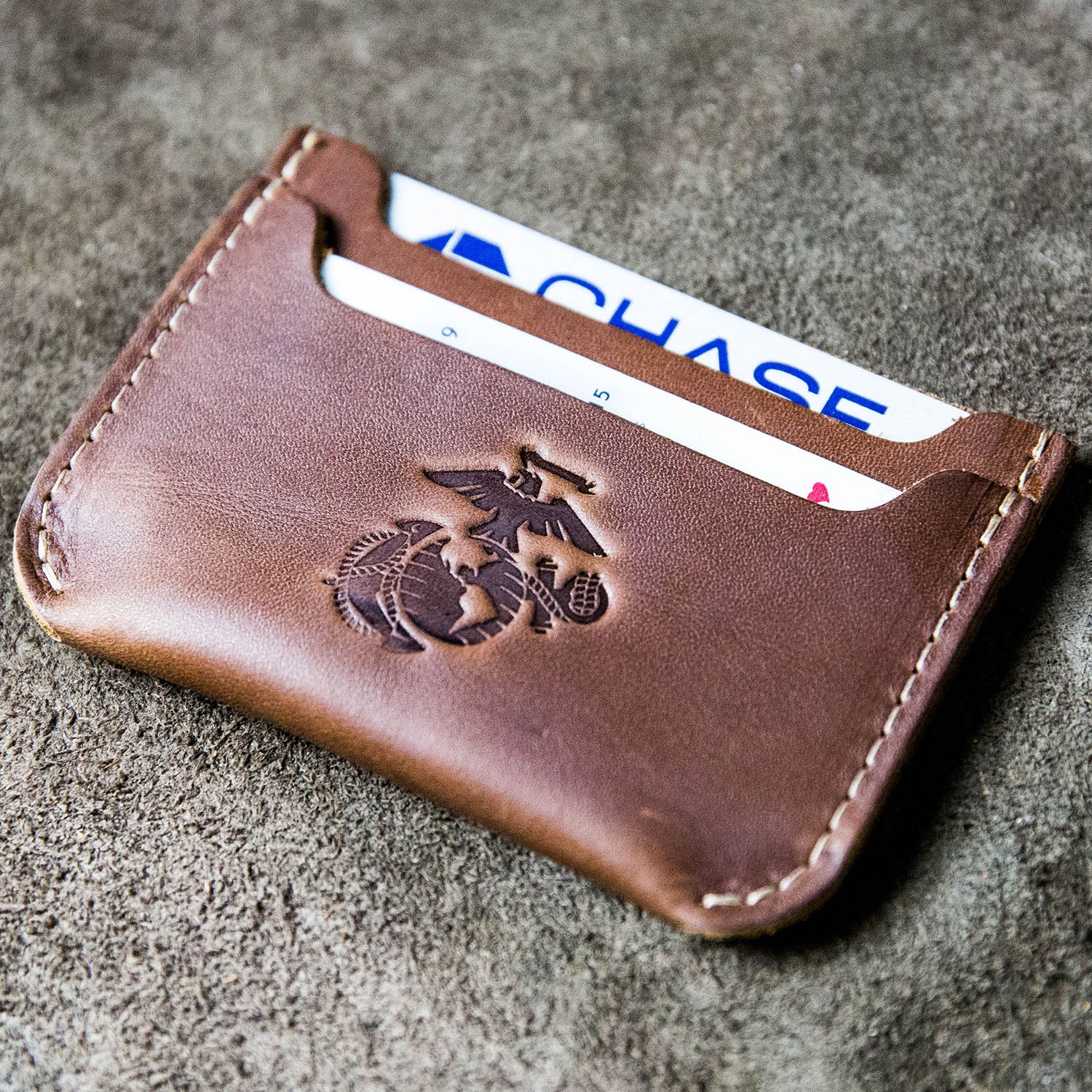 Fine leather front pocket double sleeve wallet with Marine Corps logo