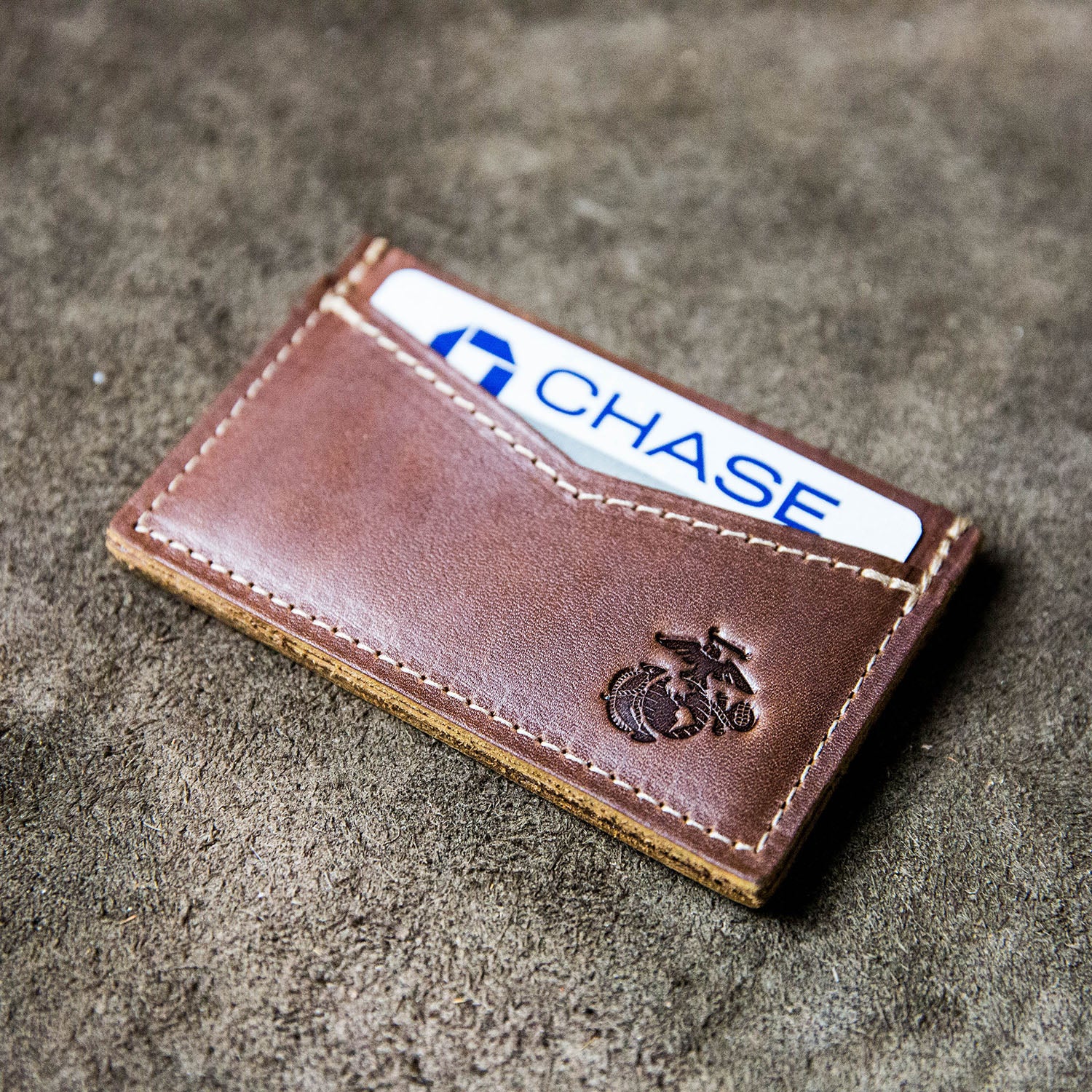 Fine leather front pocket card holder wallet with personalized initials and Marine Corps logo