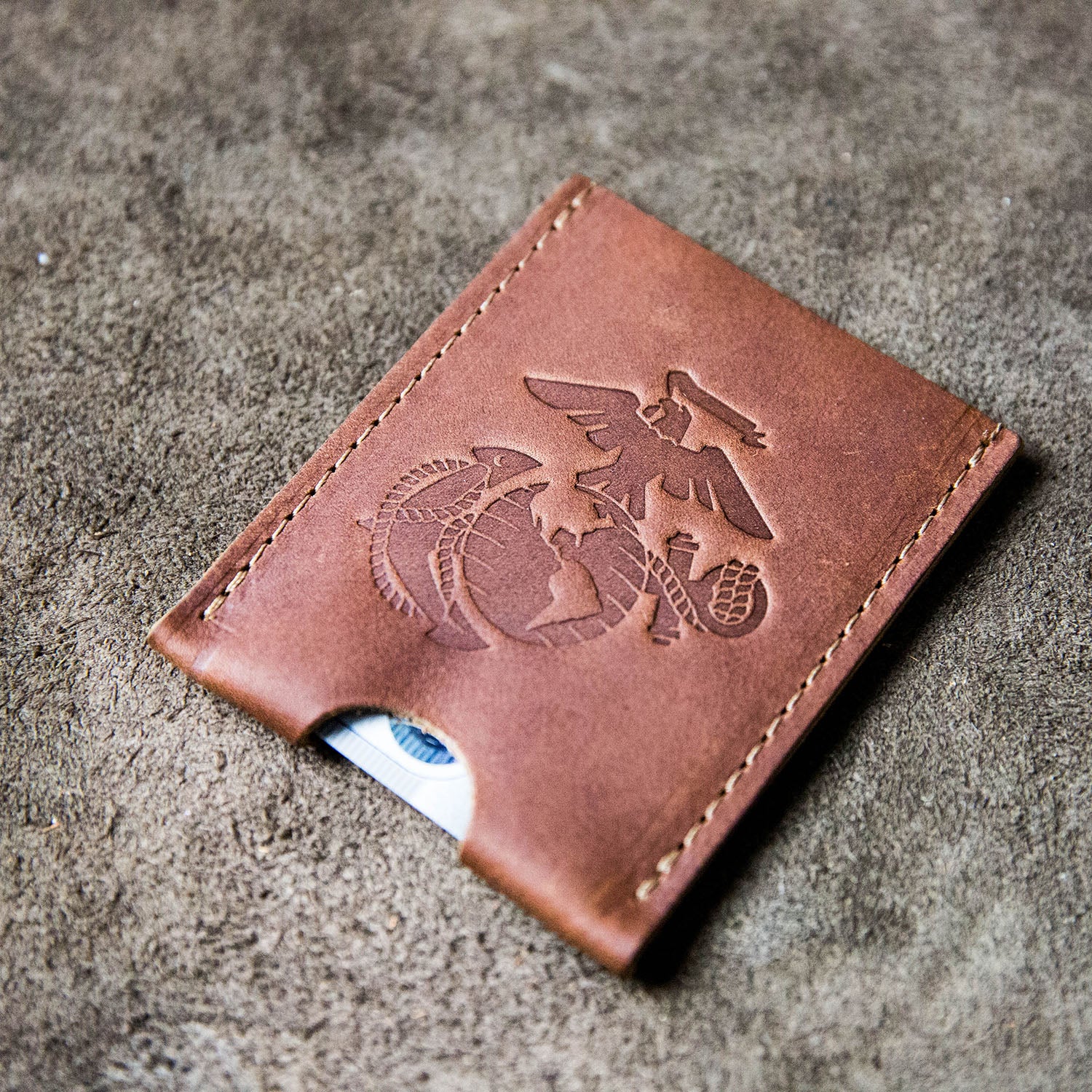 Fine leather card holder wallet with marine corps logo