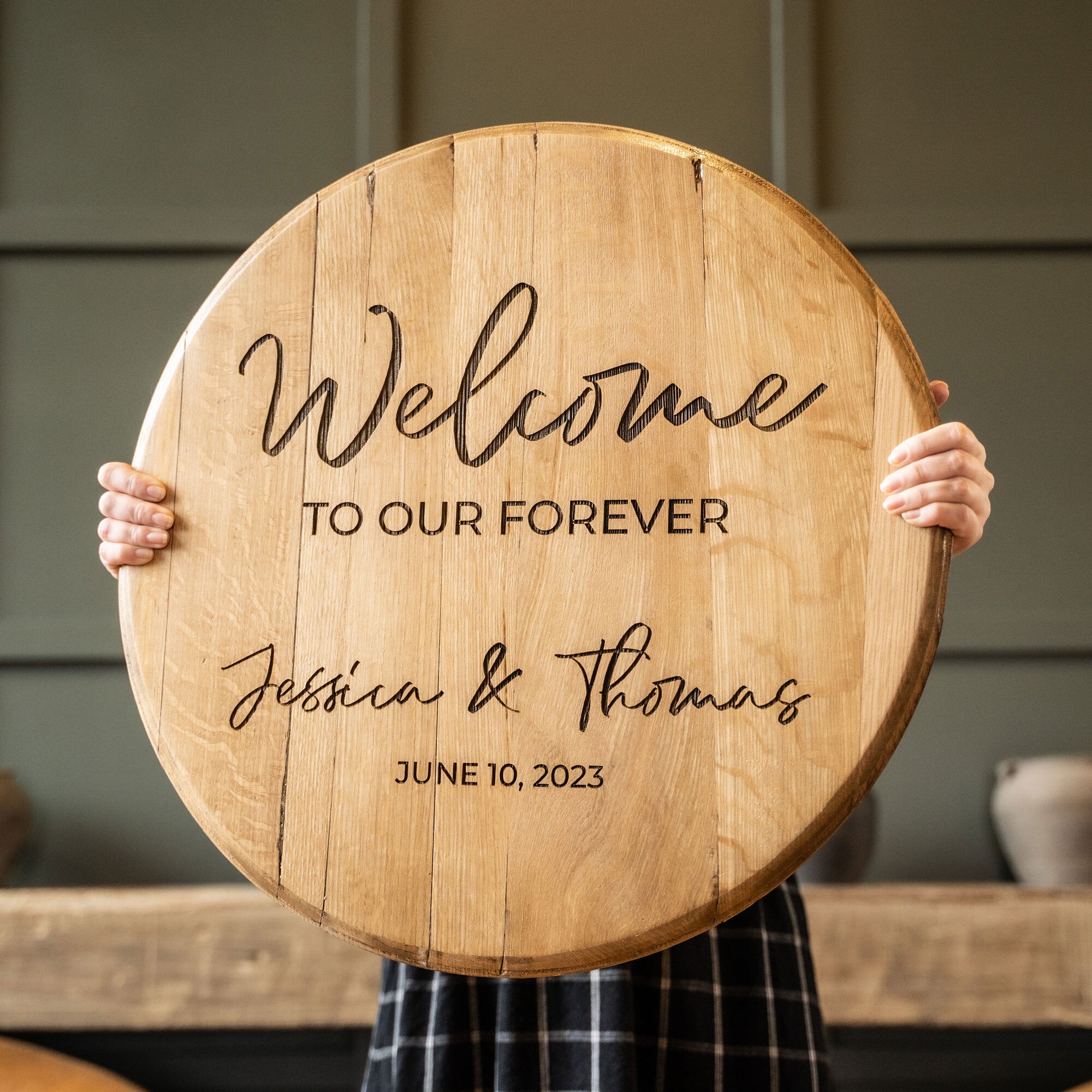 Welcome To Our Forever - Personalized Whiskey Barrel Wedding Welcome Sign - Holtz Leather