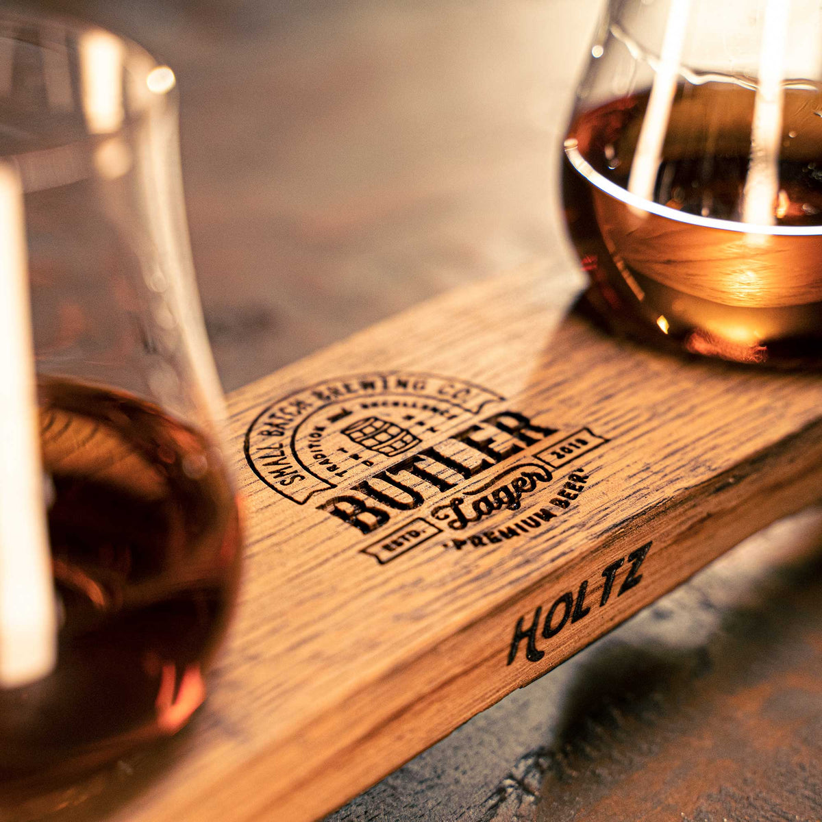 Your Logo + Our Barrels - Personalized Whiskey Flight from Tennessee Whiskey Barrel Stave - Custom Logo and Corporate Gifting - Holtz Leather