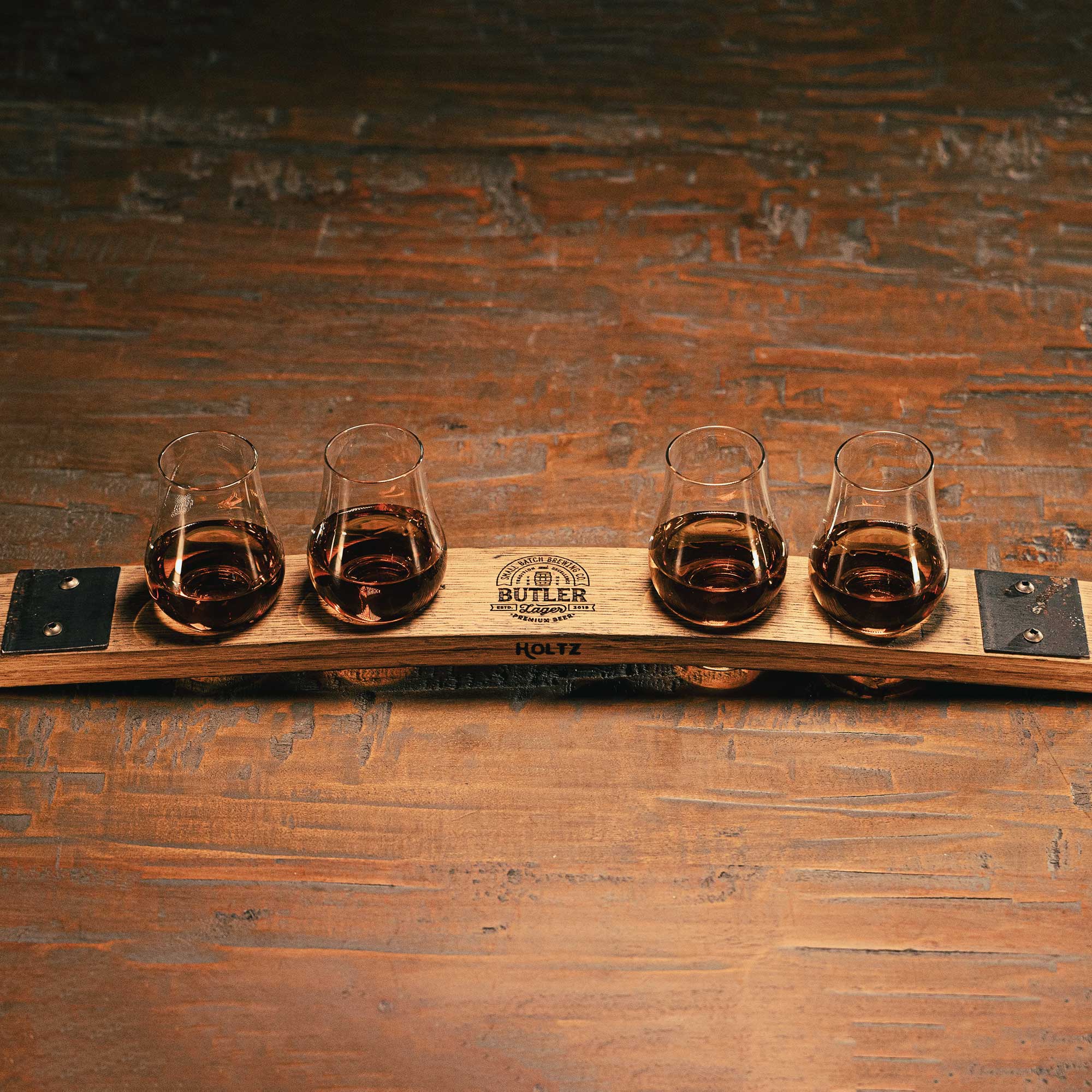 Your Logo + Our Barrels - Personalized Whiskey Flight from Tennessee Whiskey Barrel Stave - Custom Logo and Corporate Gifting - Holtz Leather