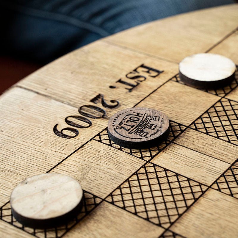 Your Logo + Our Barrels - Tennessee Whiskey Barrel Checkerboard Side Table - Custom Logo and Corporate Gifting - Holtz Leather