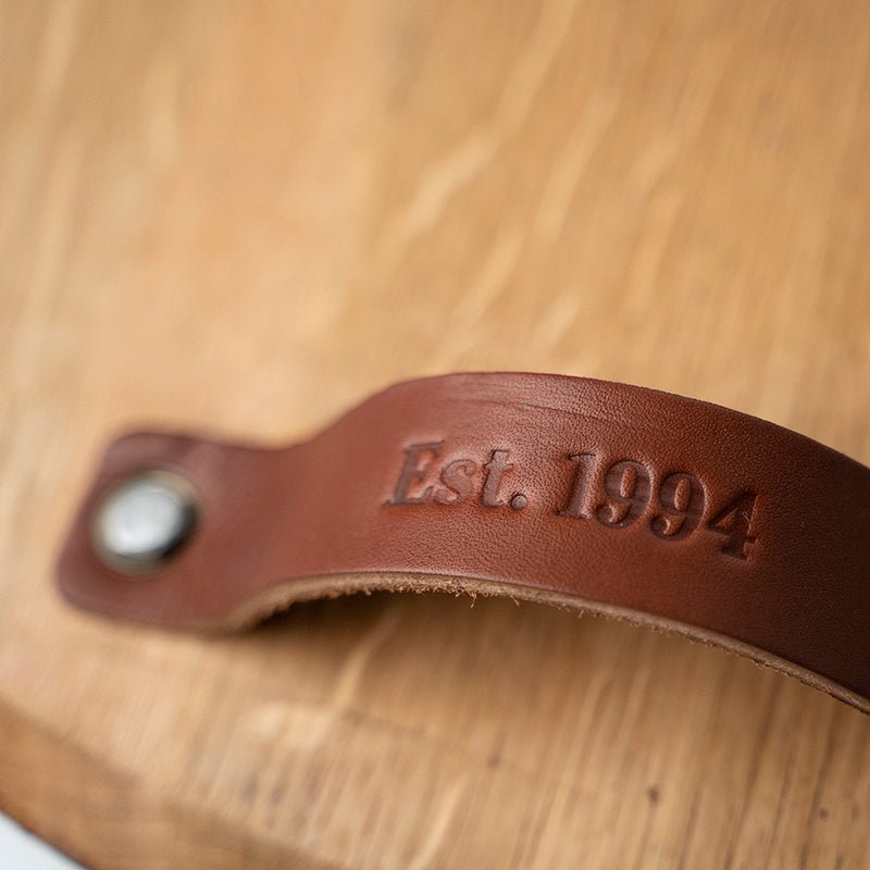 Your Logo + Our Barrels - The Butler Tennessee Whiskey Barrel Serving Tray with Leather Handles - Custom Logo and Corporate Gifting - Holtz Leather