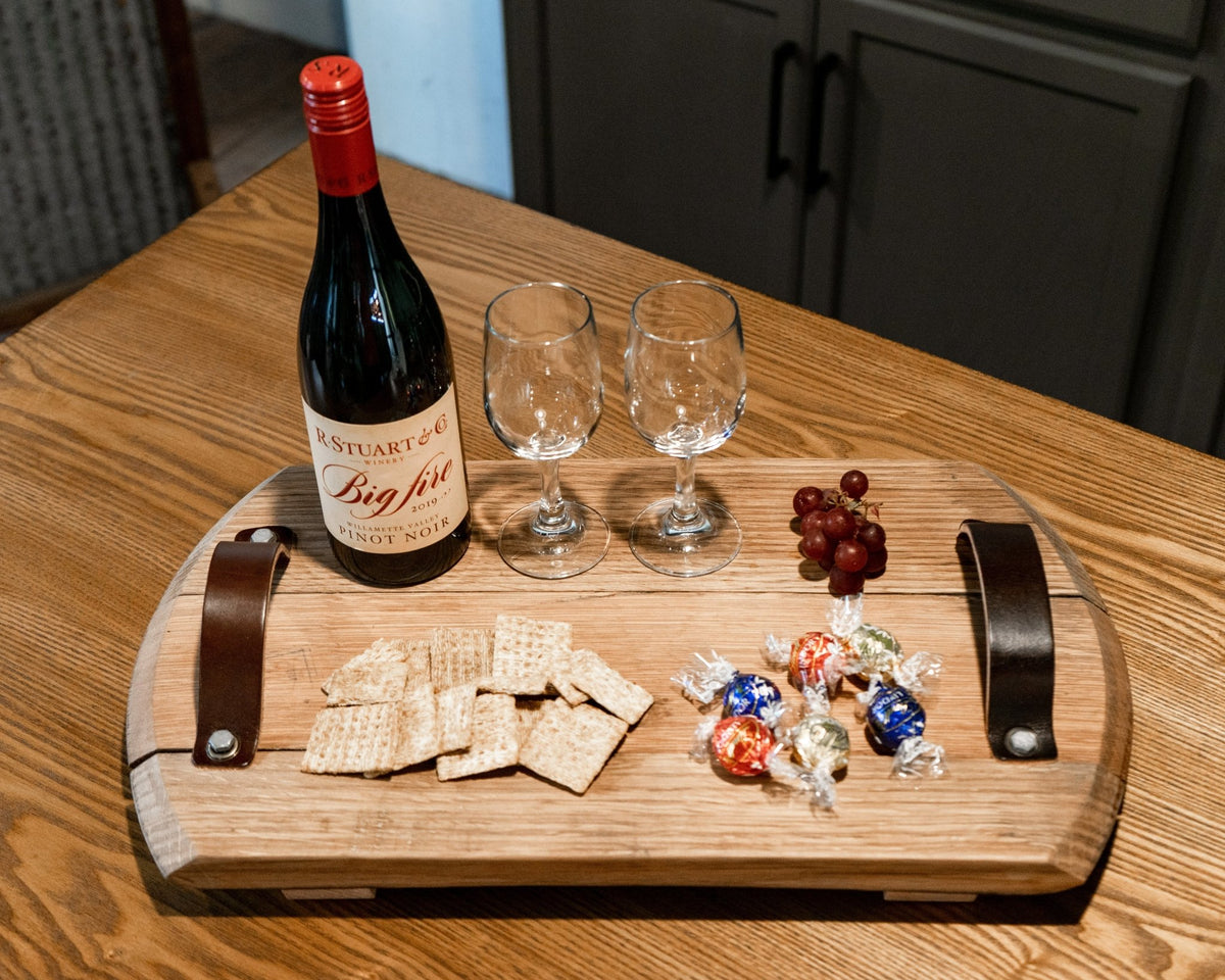 Your Logo + Our Barrels - The Butler Tennessee Whiskey Barrel Serving Tray with Leather Handles - Custom Logo and Corporate Gifting - Holtz Leather