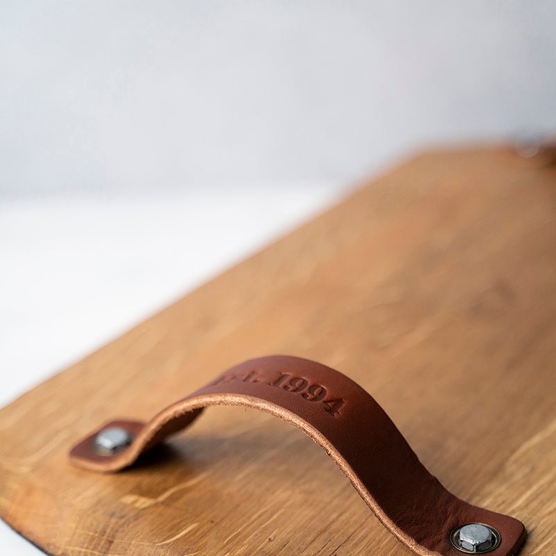 Your Logo + Our Barrels - The Butler Tennessee Whiskey Barrel Serving Tray with Leather Handles - Custom Logo and Corporate Gifting - Holtz Leather