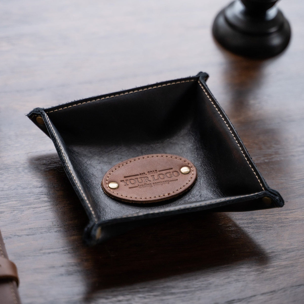 Your Logo + Our Leather - The Monticello Fine Leather Personalized Desk Valet Caddy Tray for Dresser or Office - Custom Logo and Corporate Gifting - Holtz Leather
