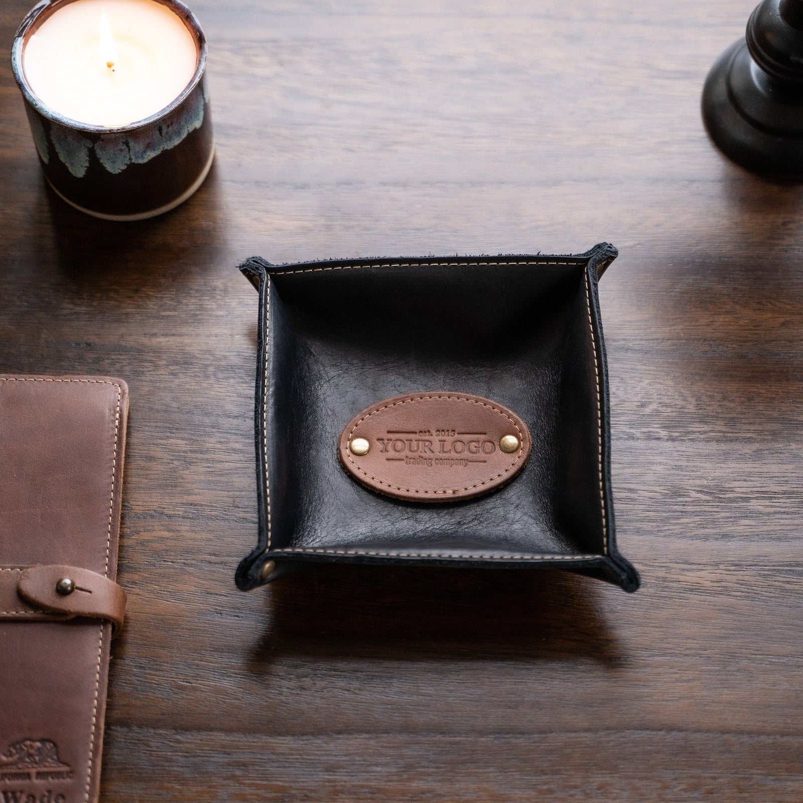 Your Logo + Our Leather - The Monticello Fine Leather Personalized Desk Valet Caddy Tray for Dresser or Office - Custom Logo and Corporate Gifting - Holtz Leather