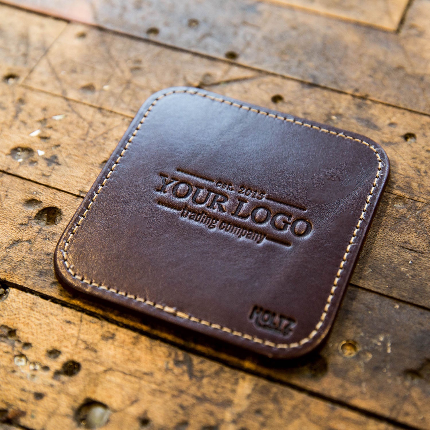 Your Logo + Our Leather - The Ranch House Fine Leather Coaster Set of 4 Coasters - Custom Logo and Corporate Gifting - Holtz Leather